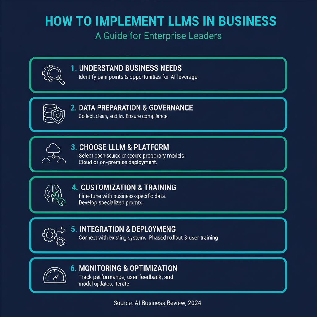 How to Implement LLMs in Business: A Guide for Enterprise Leaders infographic